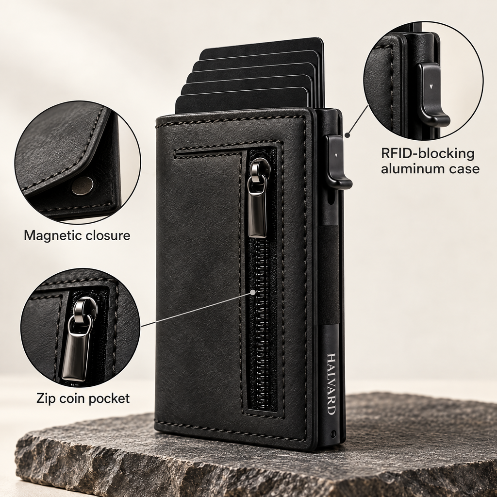 Magnetic closure, zip coin pocket and RFID-blocking aluminum case