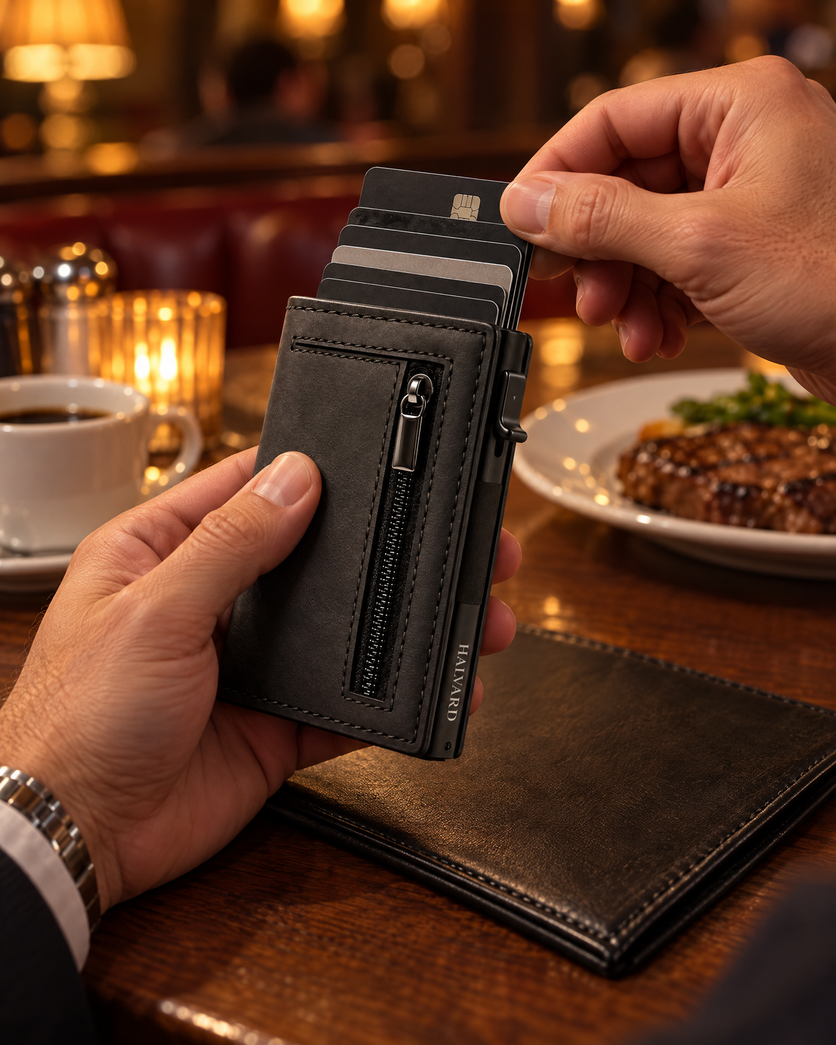 Paying at a diner with the cards fanned out of the Halvard wallet Image