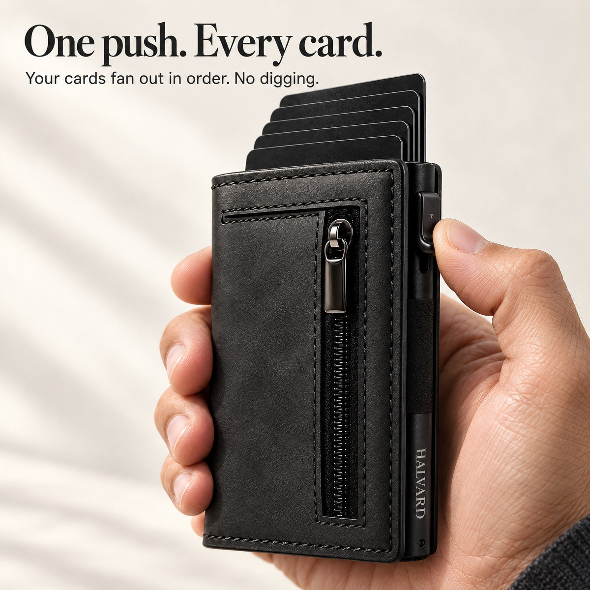 One push on the lever fans out every card