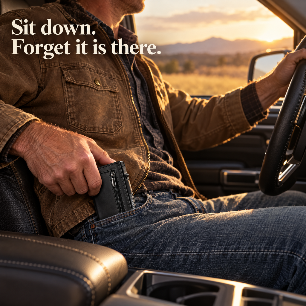 Sitting in a pickup truck with the wallet in the front pocket