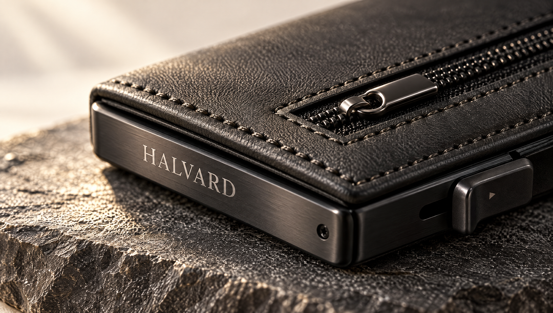 Close-up of the Halvard wallet stitching and aluminum case