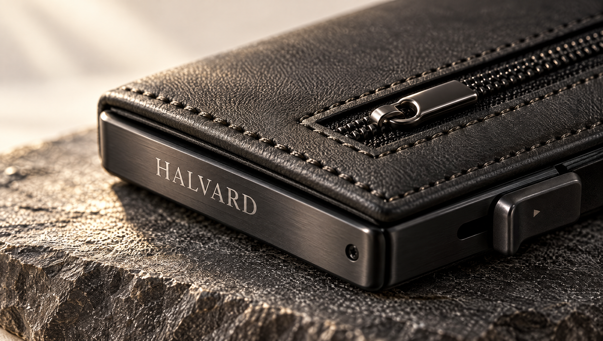 Close-up of the Halvard wallet stitching and aluminum case