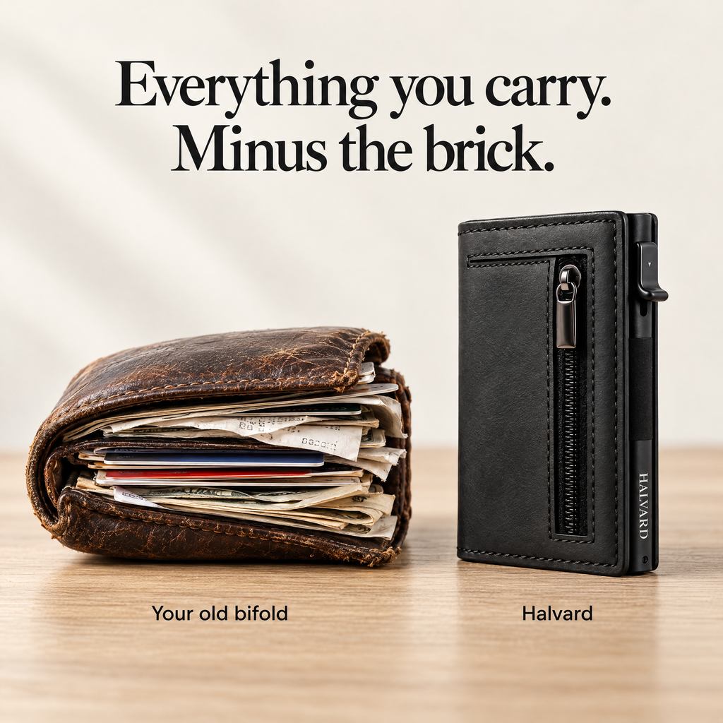 Halvard next to an overstuffed bifold wallet